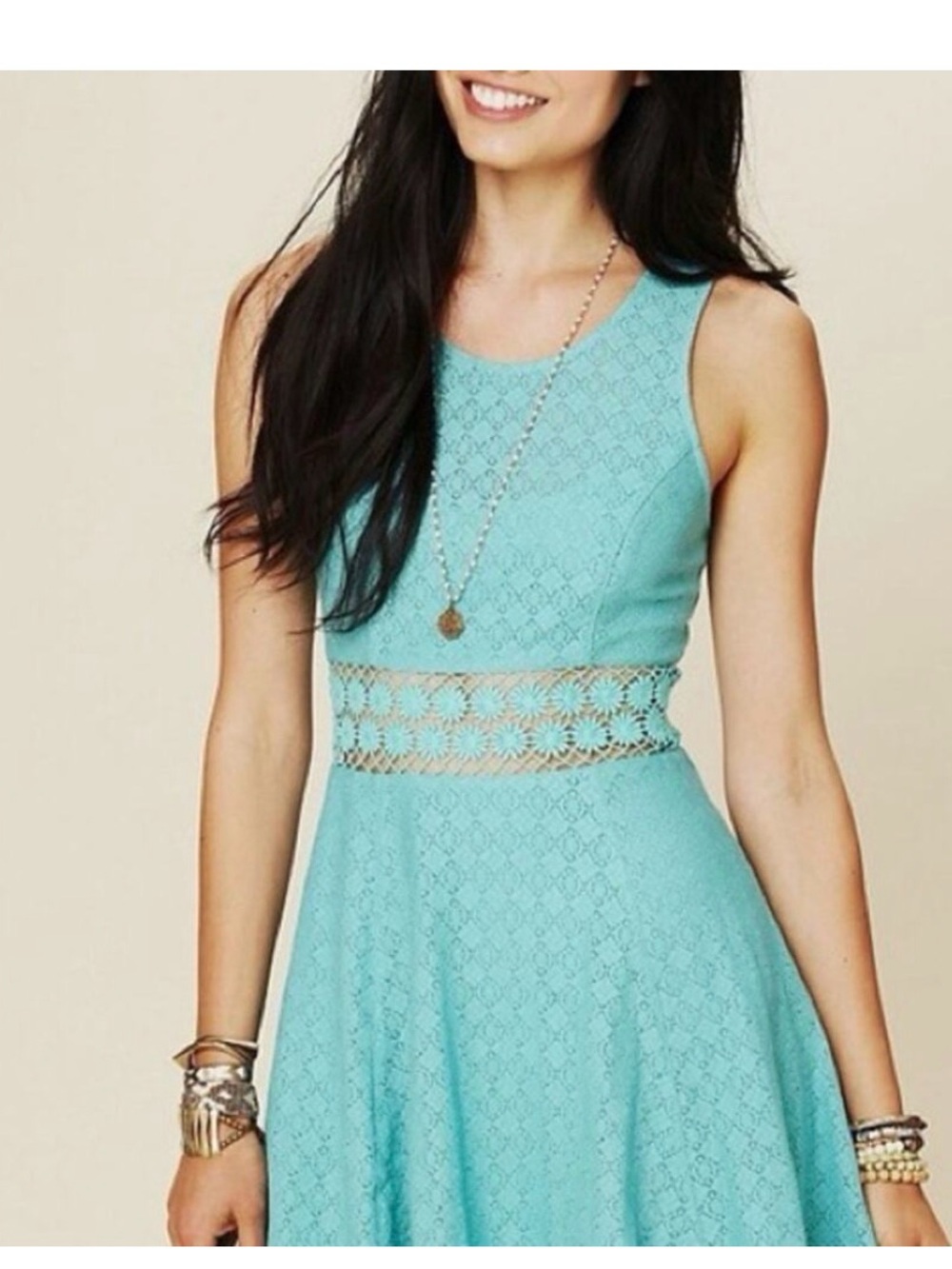 Free People Daisy Waist Lace Fit & Flare Dress - Sleeveless 0 Turquoise